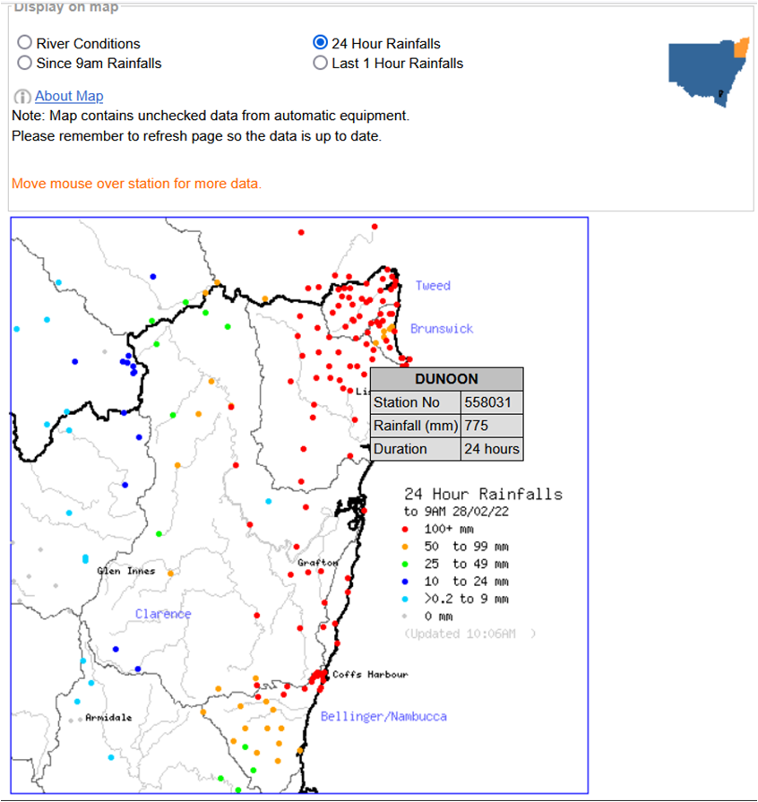 BOM 24 hr to 9:00 28/02/2022 NE NSW rainfall observations