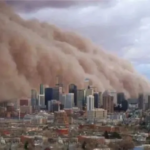 Melbourne being consumed by dust storm prior to Ash Wednesday bushfires.