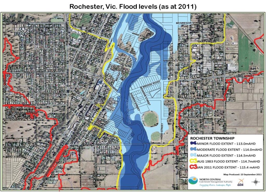 Rochester, Vic., flood levels at 2011 Campaspe River flood